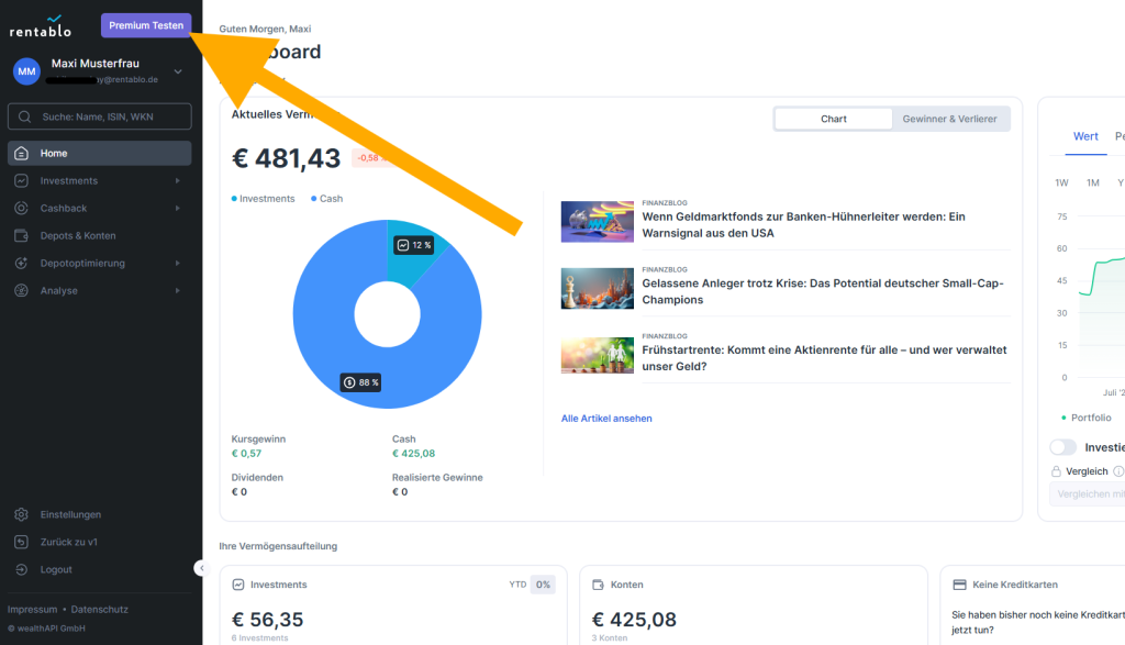 Das Bild zeigt, wie man die Premium Funktionen im Rentablo Dashboard findet.